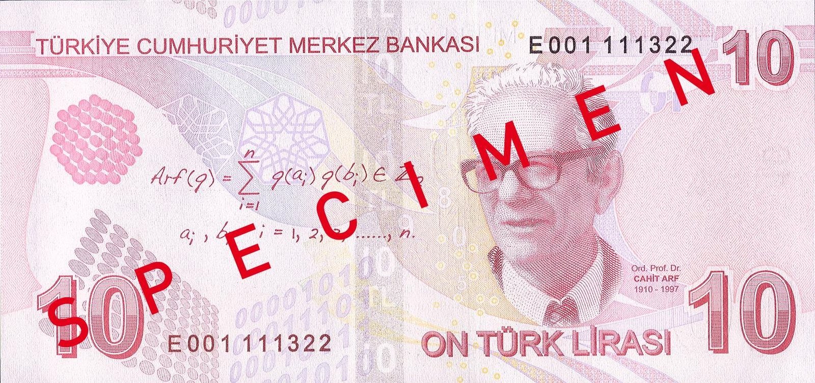Cahit Arf’ın portresini ve matematiksel motifleri taşıyan 10 Türk Lirası banknotun arka yüzü