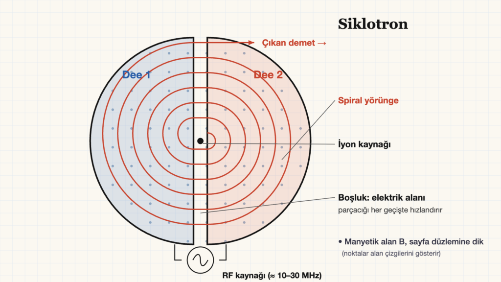Siklotron şeması: dee elektrotları, spiral yörünge, manyetik alan ve RF kaynağı