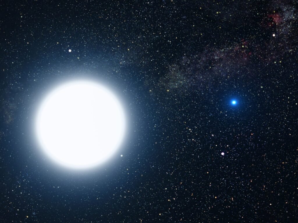 Sanatçı çiziminde parlak Sirius A yıldızı ve yanındaki küçük beyaz cüce eşi Sirius B