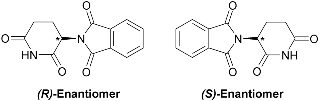 Talidomidin (S) ve (R) enantiyomerlerinin kimyasal yapı çizimi